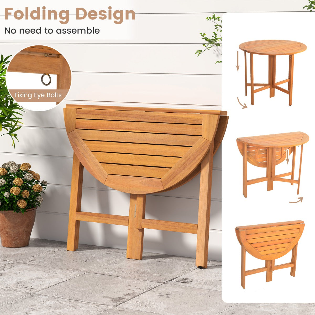 LIVSK Ronde Opvouwbare Tuintafel - Acaciahout - Voor 4 Personen - Inklapbaar Ontwerp - Teak