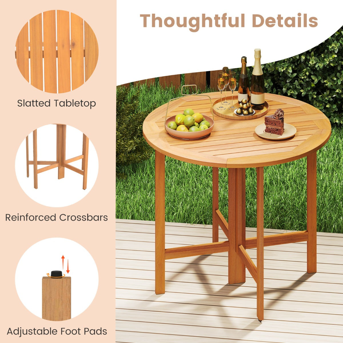 LIVSK Ronde Opvouwbare Tuintafel - Acaciahout - Voor 4 Personen - Inklapbaar Ontwerp - Teak