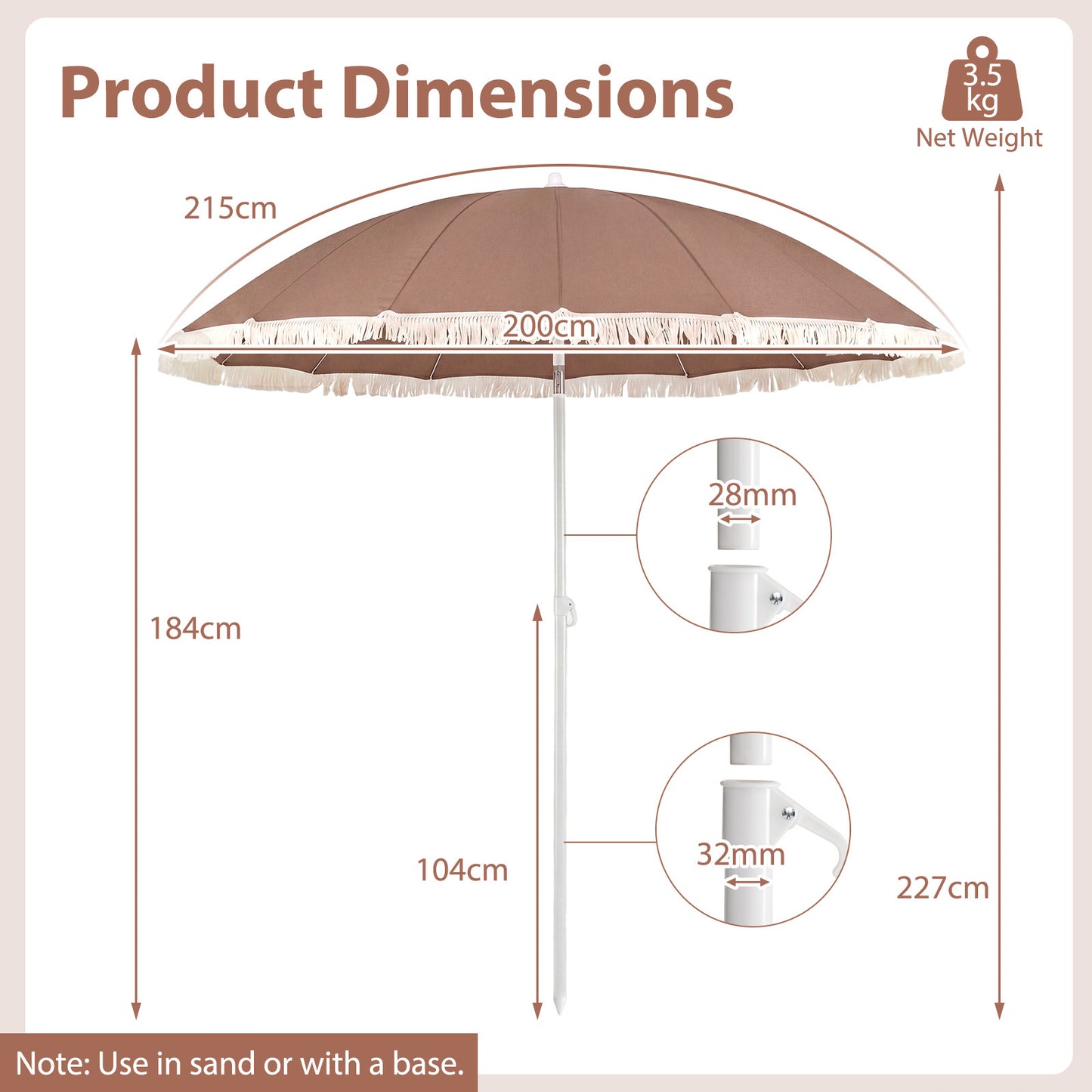 LIVSK Ronde Parasol - Verstelbare Kantelhoek - Hoogwaardig Polyester - Robuuste Metalen Spaken - Boho-Franjes - Beige/Bruin