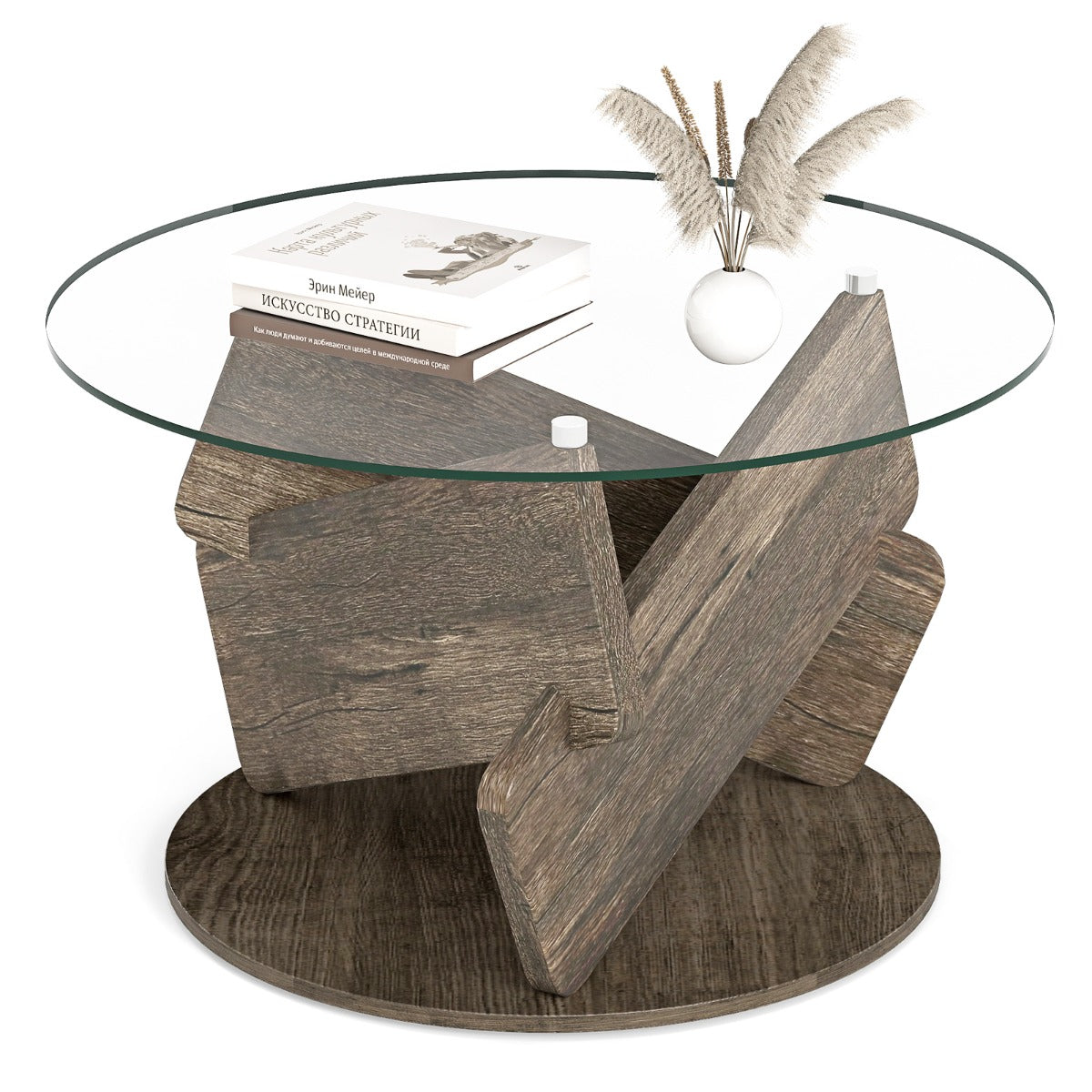 LIVSK Ronde Rustieke Salontafel - Gehard Glas - Rubberboom en MDF - Antislip Voetmatten - Ø 81 x 49 cm - Grijs