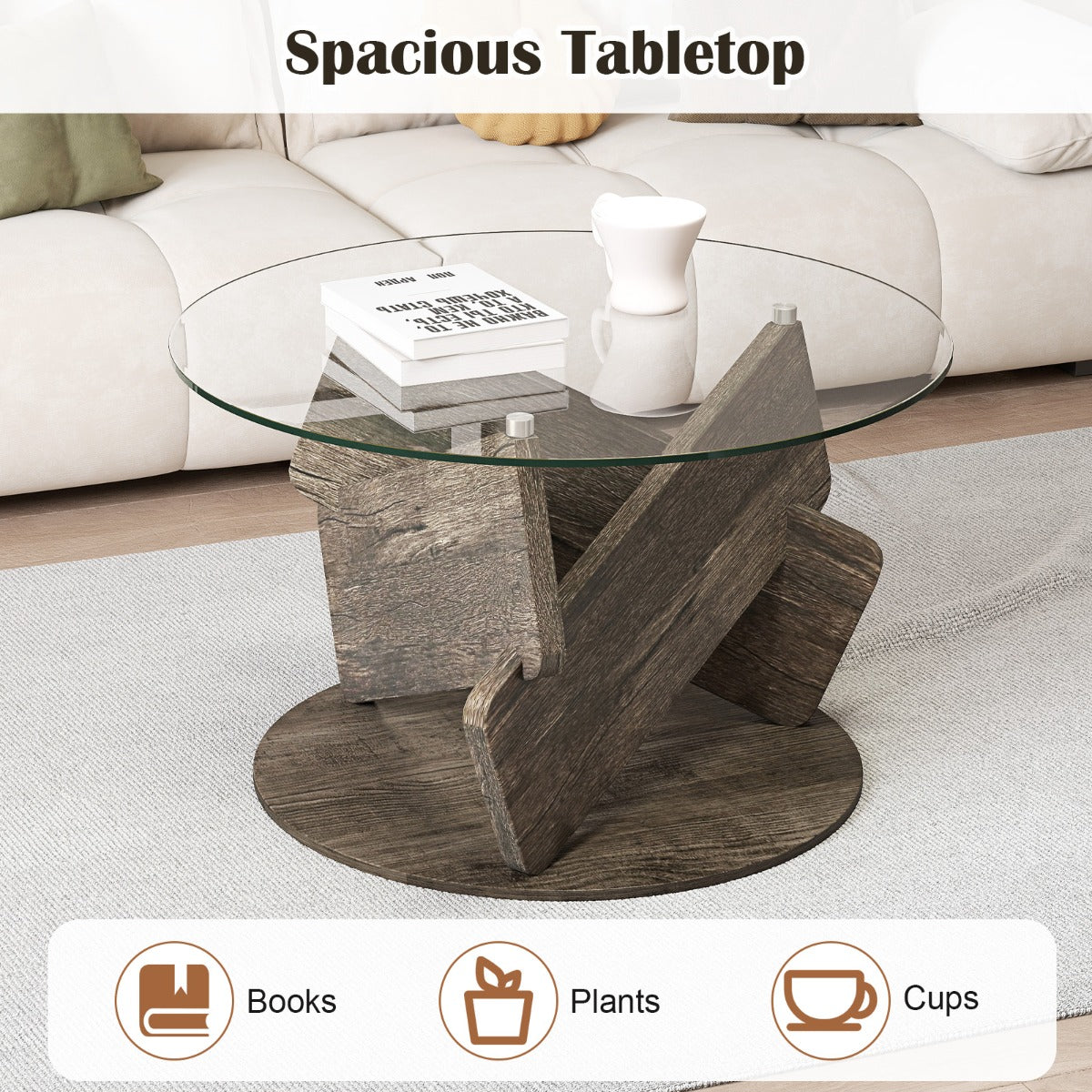 LIVSK Ronde Rustieke Salontafel - Gehard Glas - Rubberboom en MDF - Antislip Voetmatten - Ø 81 x 49 cm - Grijs