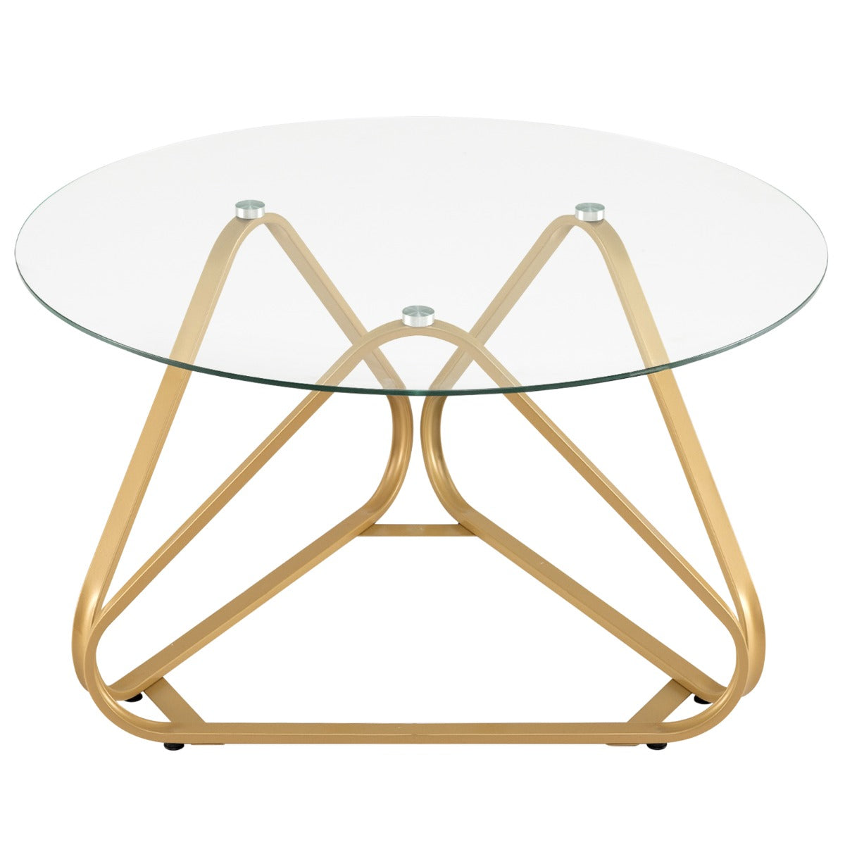 LIVSK Ronde Salontafel - Gehard Glas Blad - Verstelbare Poten - Driehoekig Frame - 80 cm - Goud/Zwart