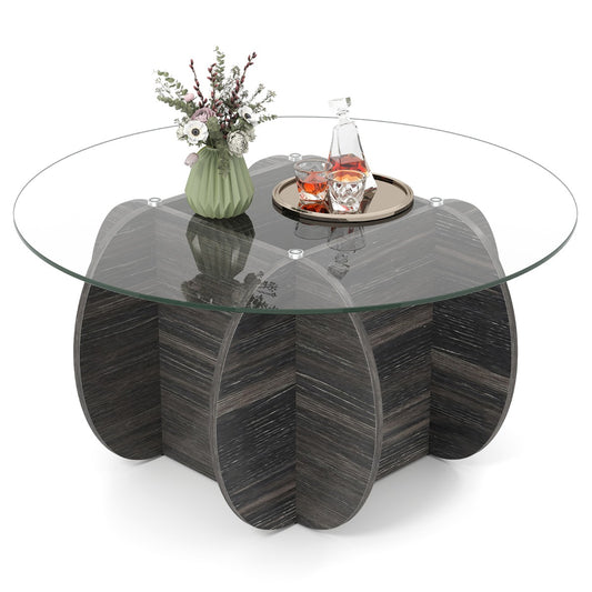 LIVSK Ronde Salontafel - Gehard Glasblad - Houten Frame - Verborgen Opbergruimte - Ø89 cm - Zwart