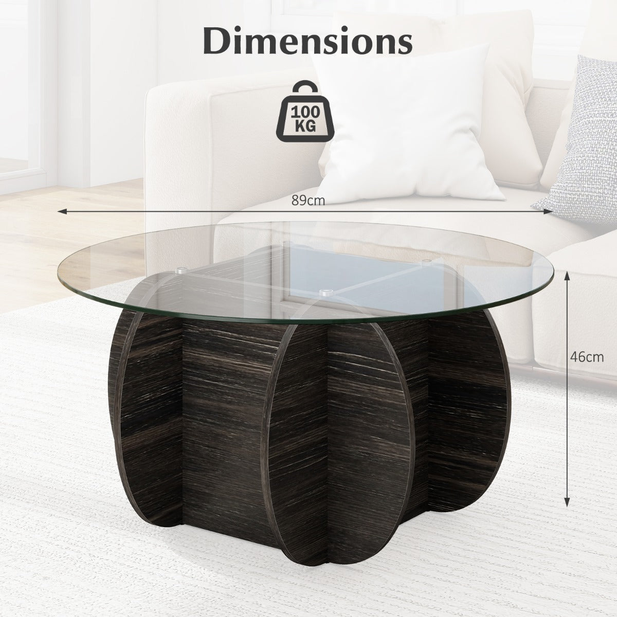 LIVSK Ronde Salontafel - Gehard Glasblad - Houten Frame - Verborgen Opbergruimte - Ø89 cm - Zwart