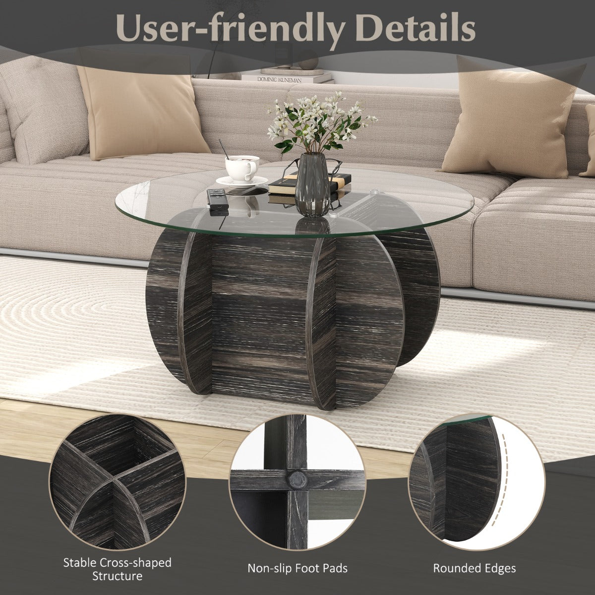 LIVSK Ronde Salontafel - Gehard Glasblad - Houten Frame - Verborgen Opbergruimte - Ø89 cm - Zwart