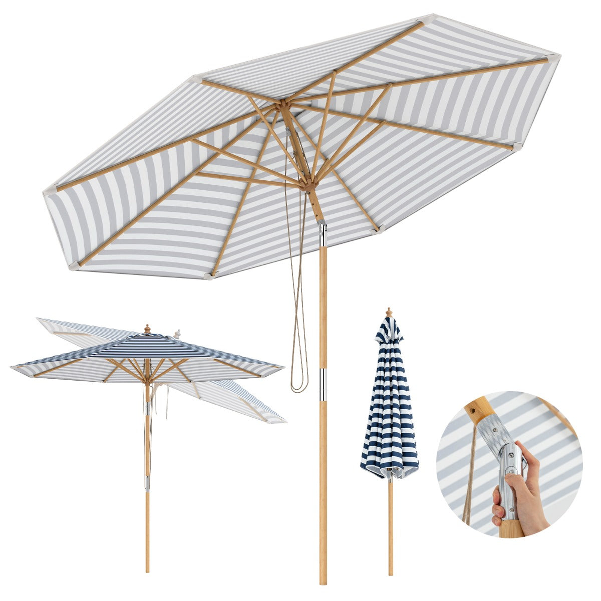 LIVSK Ronde Terrasparasol - Kantelmechanisme - Bamboe Constructie - Verstelbare Hoogte - 280 cm - Beige / Bruin / Blauw-witte