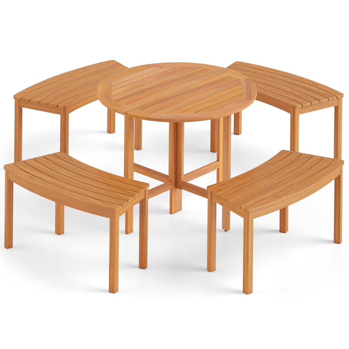LIVSK Ronde Tuintafel Set - Inklapbaar Ontwerp - Massief Acaciahout - Inclusief 4 Tuinbanken - Naturel