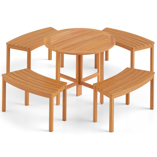 LIVSK Ronde Tuintafel Set - Inklapbaar Ontwerp - Massief Acaciahout - Inclusief 4 Tuinbanken - Naturel
