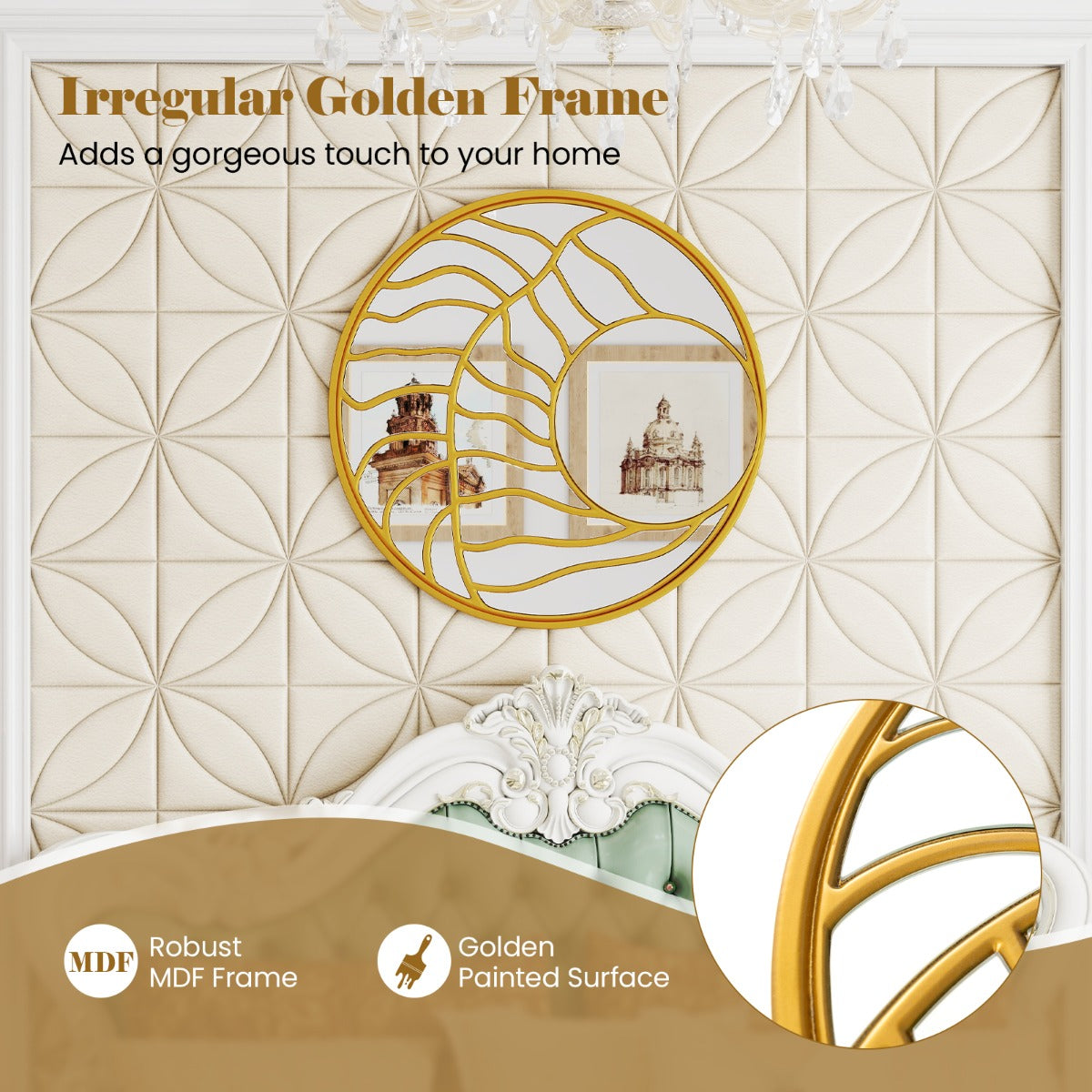 LIVSK Ronde Wandspiegel - Unieke Onregelmatige Gouden Lijst - Hoogwaardige Reflectie - MDF-frame - 80 cm - Goud