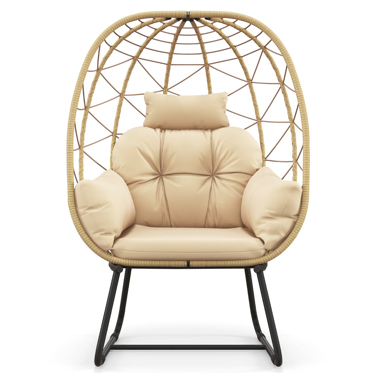 LIVSK Rotan Eierstoel - Comfortabel Afneembaar Kussen - Handgeweven PE-Rotan - Stevig Metalen Frame - Beige