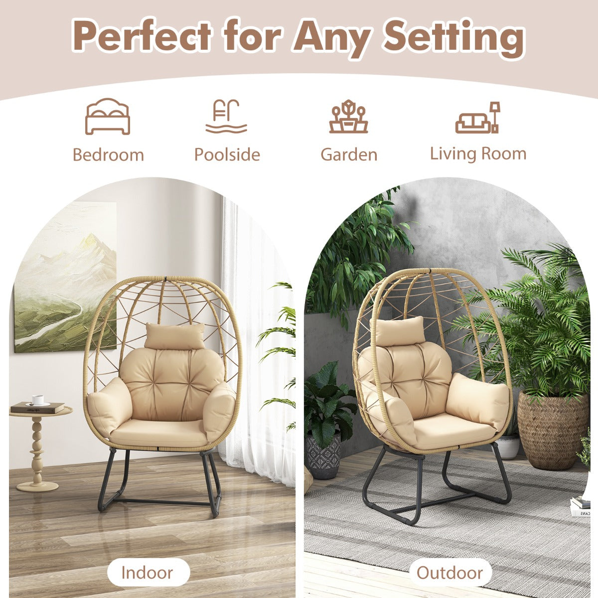 LIVSK Rotan Eierstoel - Comfortabel Afneembaar Kussen - Handgeweven PE-Rotan - Stevig Metalen Frame - Beige