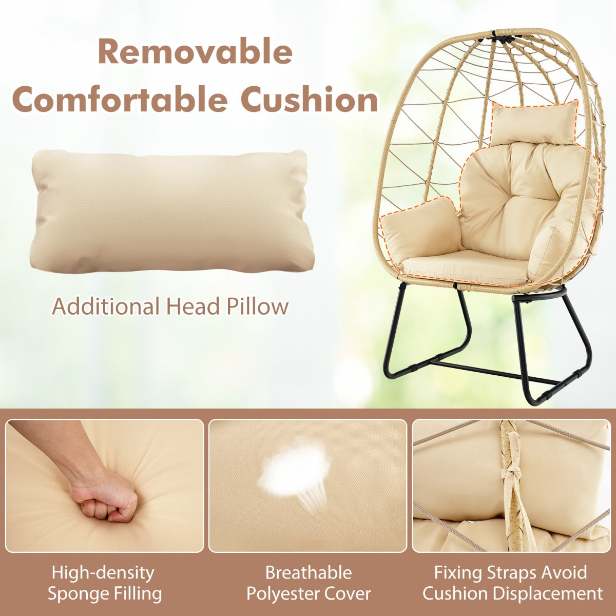 LIVSK Rotan Eierstoel - Comfortabel Afneembaar Kussen - Handgeweven PE-Rotan - Stevig Metalen Frame - Beige