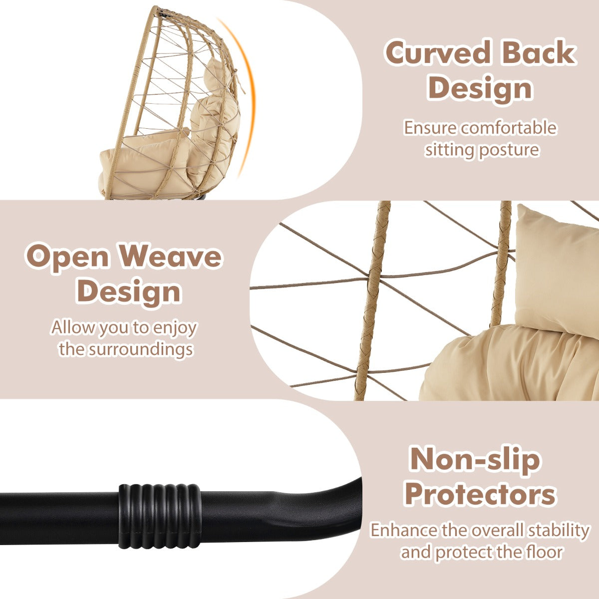LIVSK Rotan Eierstoel - Comfortabel Afneembaar Kussen - Handgeweven PE-Rotan - Stevig Metalen Frame - Beige