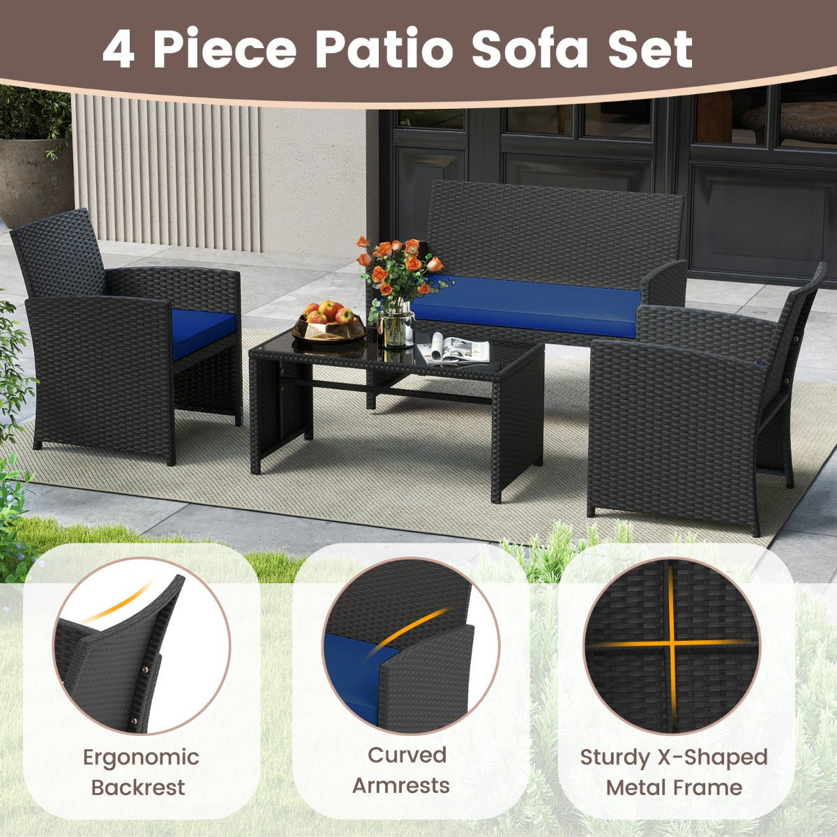 LIVSK Rotan Tuinset - Elegant Design - Comfortabele Kussens - Robuust Metalen Frame - Inclusief Salontafel - Zwart