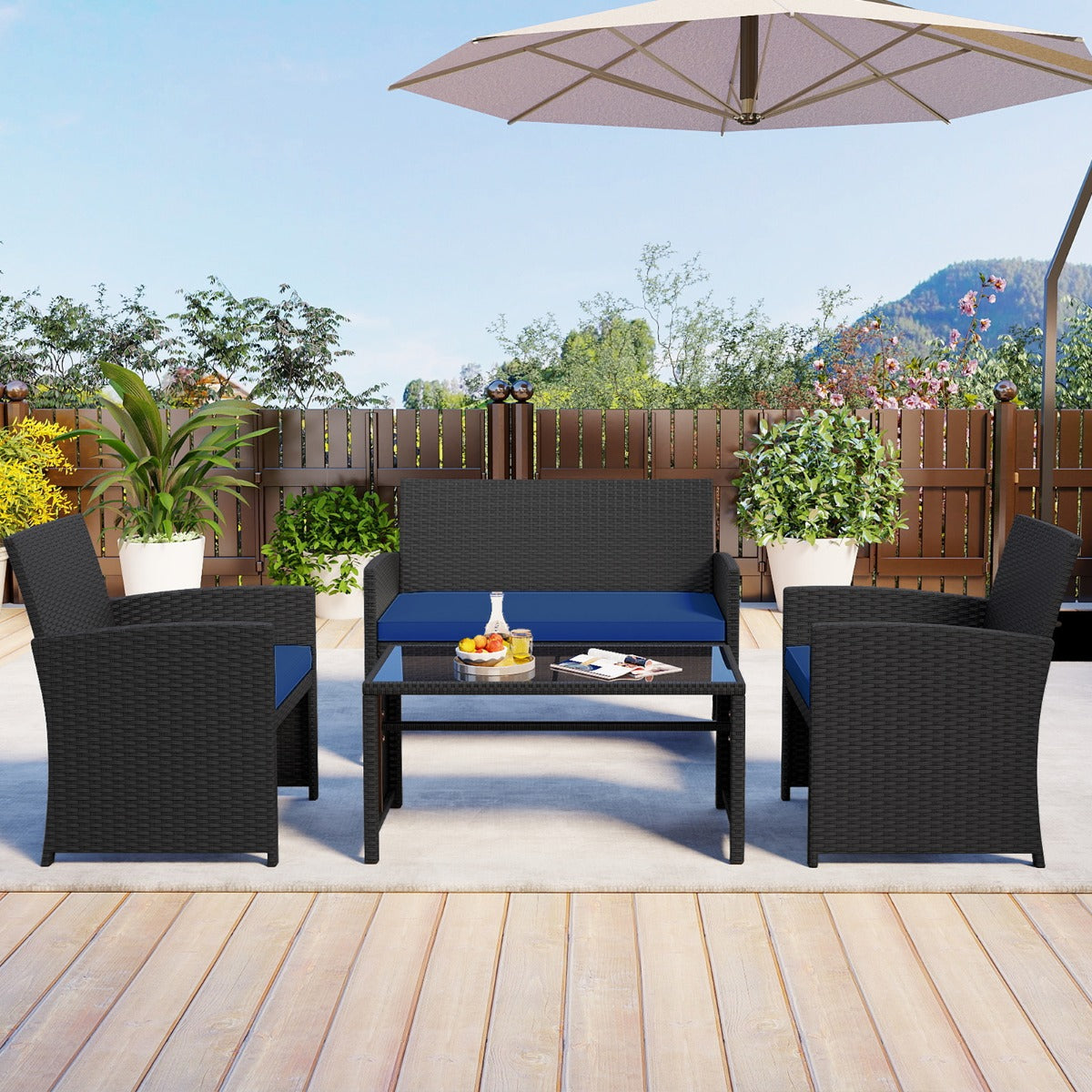 LIVSK Rotan Tuinset - Elegant Design - Comfortabele Kussens - Robuust Metalen Frame - Inclusief Salontafel - Zwart