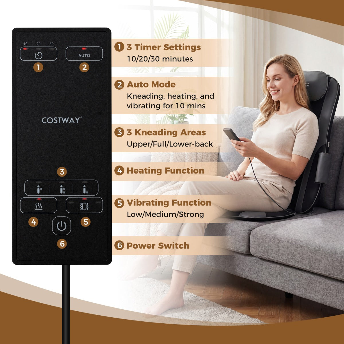 LIVSK Rugmassageapparaat met Warmte - Shiatsu Massagestoelhoes - Knedende Rolknopen - 2 Vibratiemotoren - Grijs
