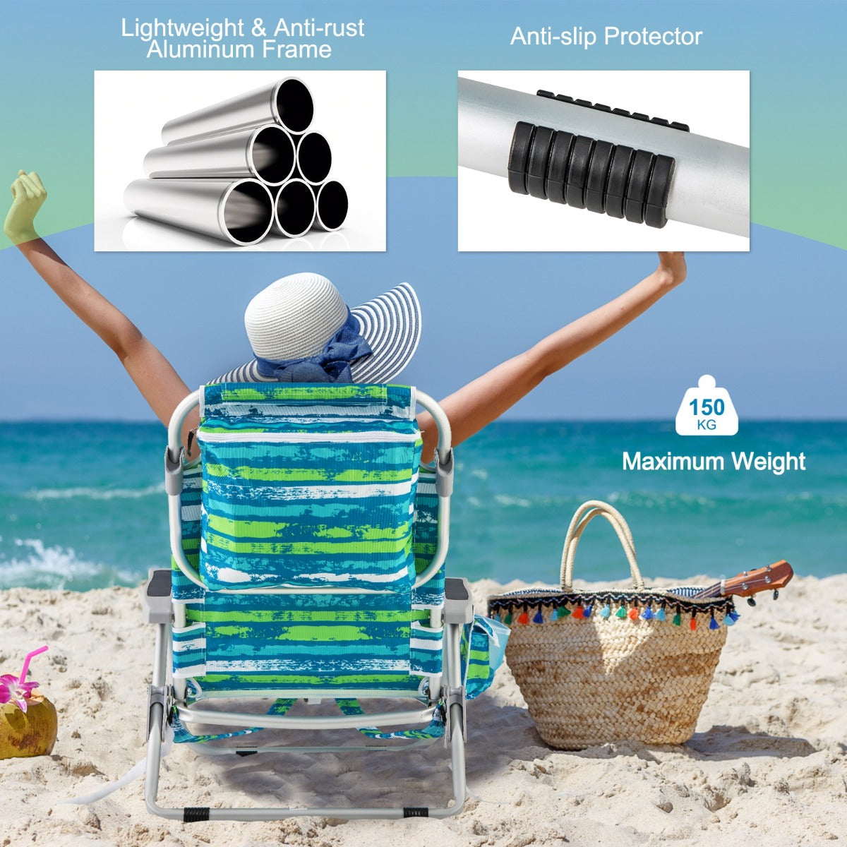 LIVSK Rugzak-Strandstoel - 5-positie Verstelbare Rugleuning - Opvouwbaar & Draagbaar - Oxford-stof & Aluminium - Blauw + Groen