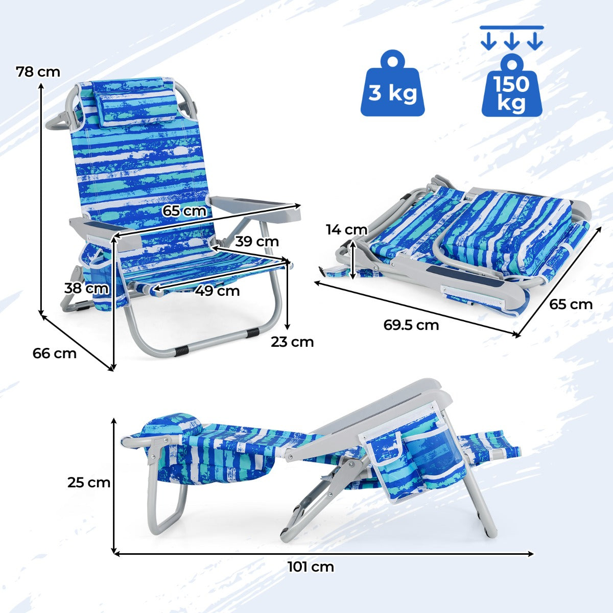LIVSK Rugzak-Strandstoel - Verstelbare Rugleuning - Opvouwbaar & Draagbaar - Robuust Aluminium - Tot 150 kg - Blauw