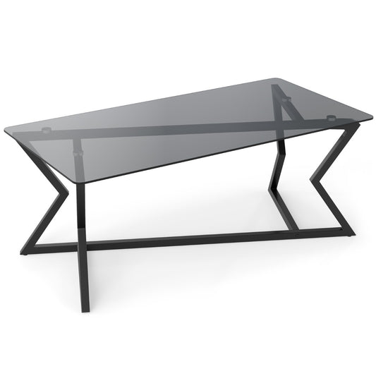 LIVSK Salontafel - Gehard Glazen Blad - Geometrisch Metalen Frame - Verstelbare Voetjes - 110 x 55 x 44,5 cm - Grijs en Zwart