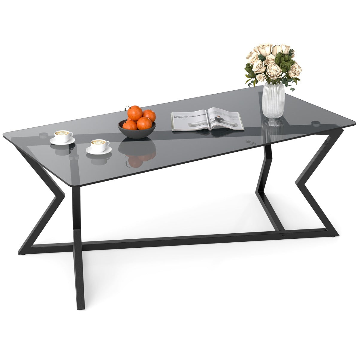LIVSK Salontafel - Gehard Glazen Blad - Geometrisch Metalen Frame - Verstelbare Voetjes - 110 x 55 x 44,5 cm - Grijs en Zwart