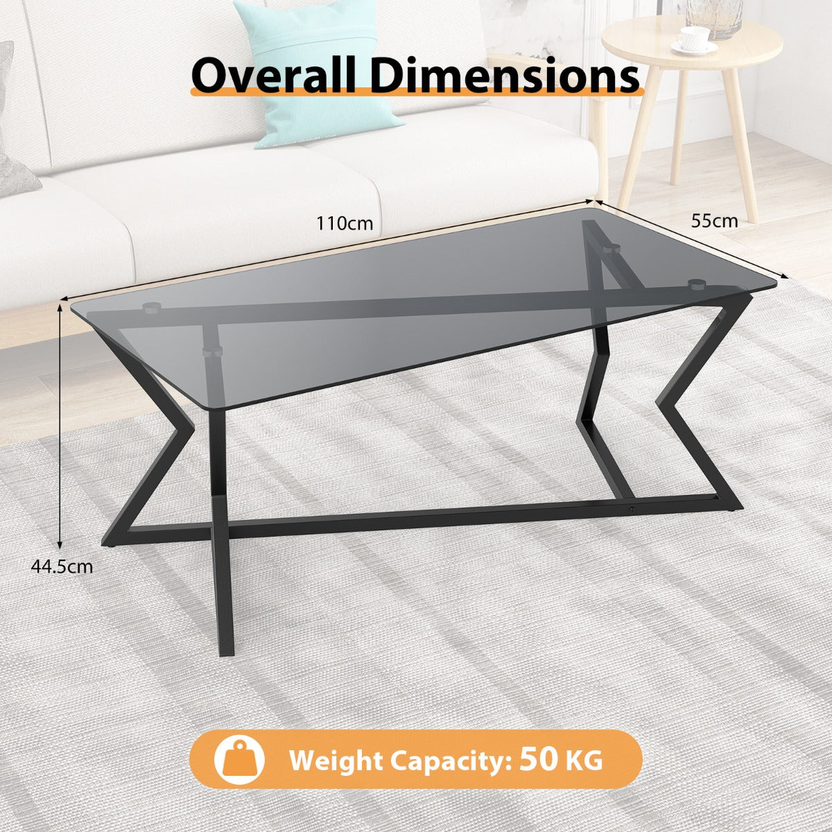 LIVSK Salontafel - Gehard Glazen Blad - Geometrisch Metalen Frame - Verstelbare Voetjes - 110 x 55 x 44,5 cm - Grijs en Zwart