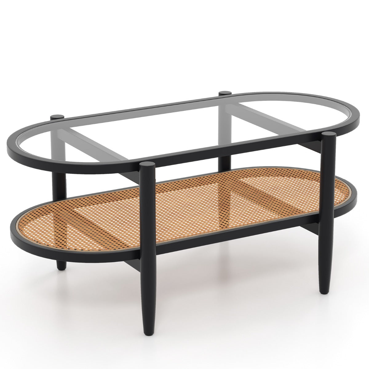 LIVSK Salontafel - Houten Frame - Gehard Glas Tafelblad - Ruime Opbergruimte - Eenvoudige Montage - Zwart + Naturel