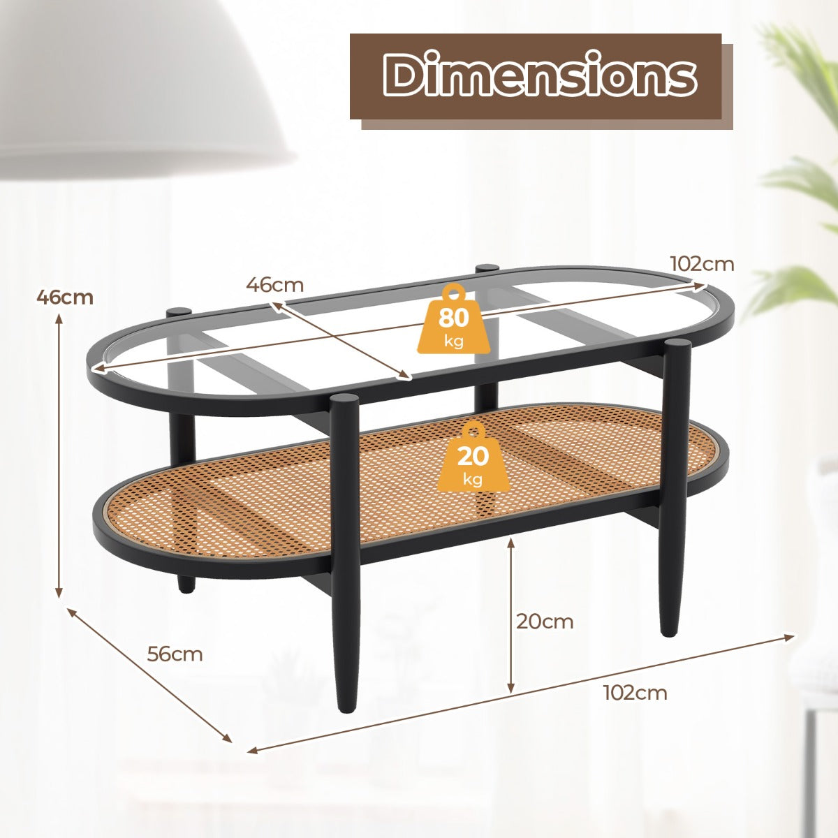 LIVSK Salontafel - Houten Frame - Gehard Glas Tafelblad - Ruime Opbergruimte - Eenvoudige Montage - Zwart + Naturel