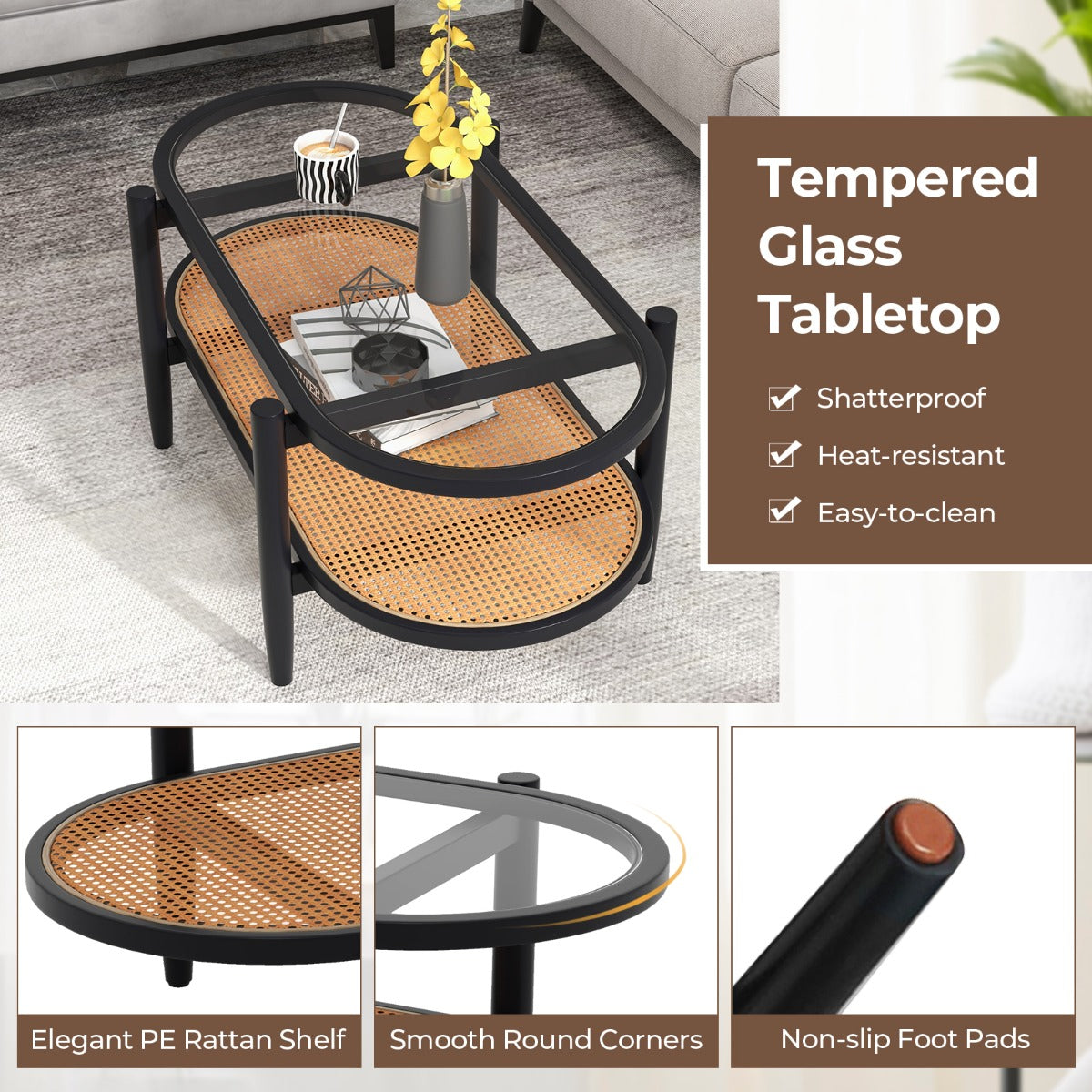 LIVSK Salontafel - Houten Frame - Gehard Glas Tafelblad - Ruime Opbergruimte - Eenvoudige Montage - Zwart + Naturel
