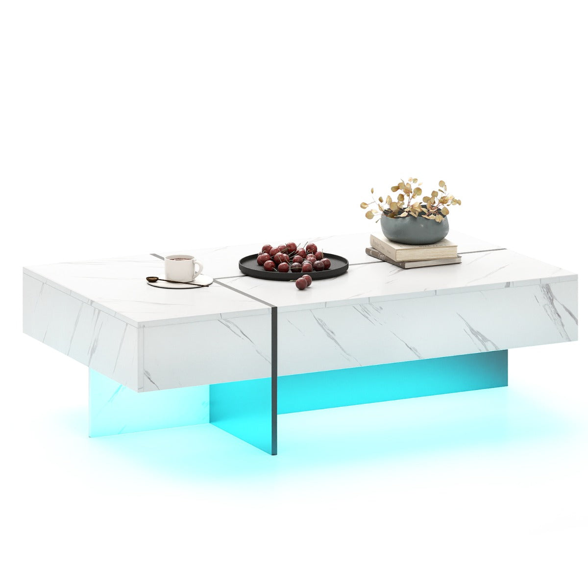 LIVSK Salontafel met LED-verlichting - Hoogglanzend en Krasbestendig - 3 Opberglades - Draagvermogen 90 kg - Zwart/Wit