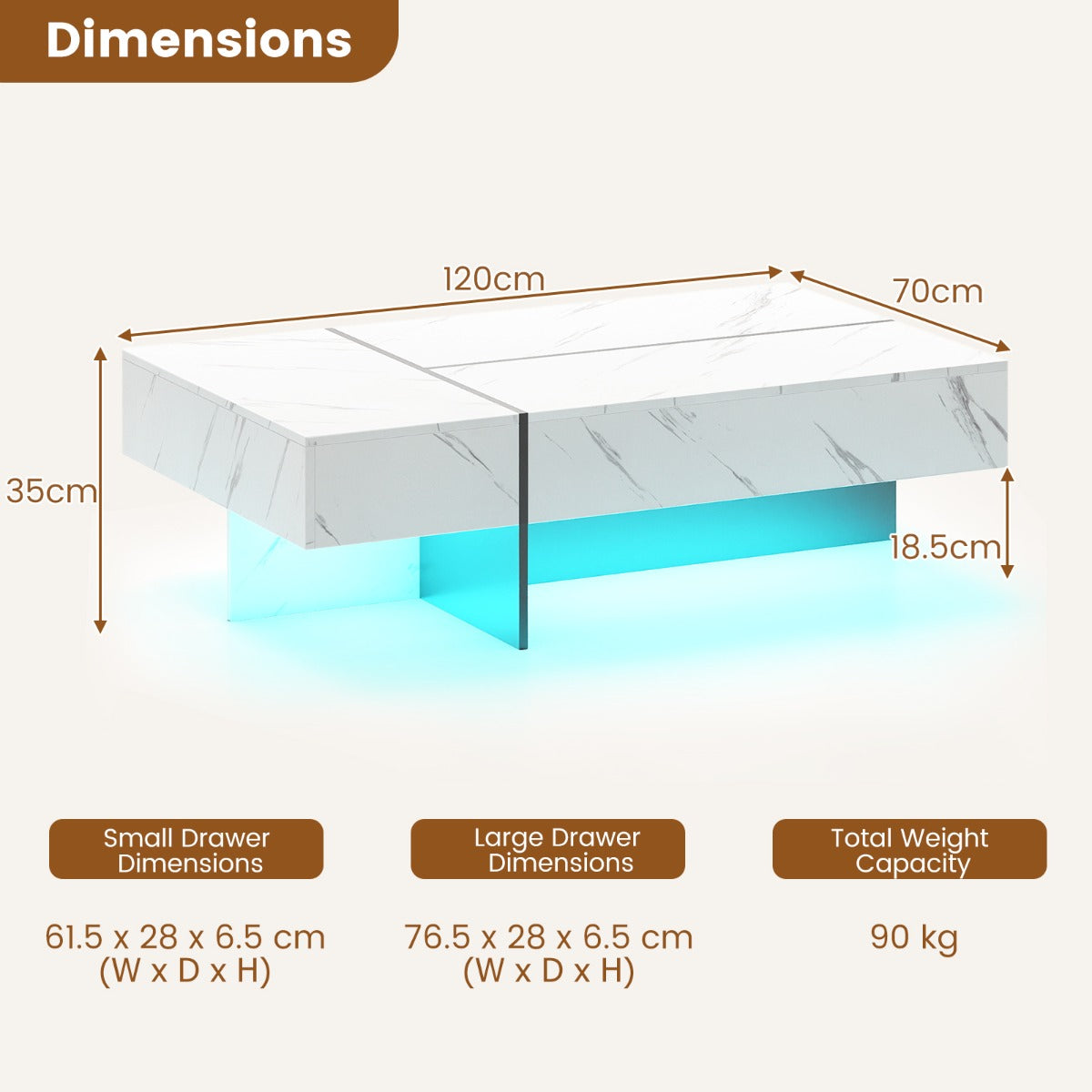 LIVSK Salontafel met LED-verlichting - Hoogglanzend en Krasbestendig - 3 Opberglades - Draagvermogen 90 kg - Zwart/Wit