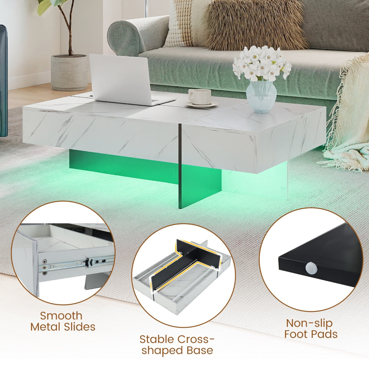 LIVSK Salontafel met LED-verlichting - Hoogglanzend en Krasbestendig - 3 Opberglades - Draagvermogen 90 kg - Zwart/Wit