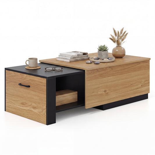 LIVSK Salontafel met Uitschuifbaar Tafelblad - Praktische Opbergruimte - Robuust Hout - Modern Design - Naturel + Zwart
