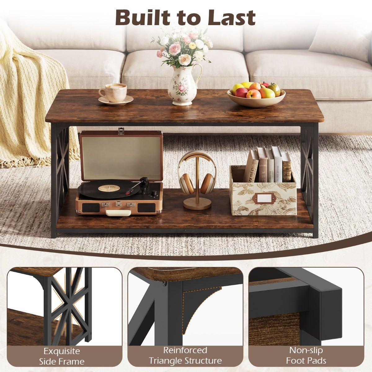 LIVSK Salontafel - Stevig Metalen Frame - Ruimte voor Opberging - Verzorgde Hoeken - 109 x 50 x 48 cm - Rustiek Bruin