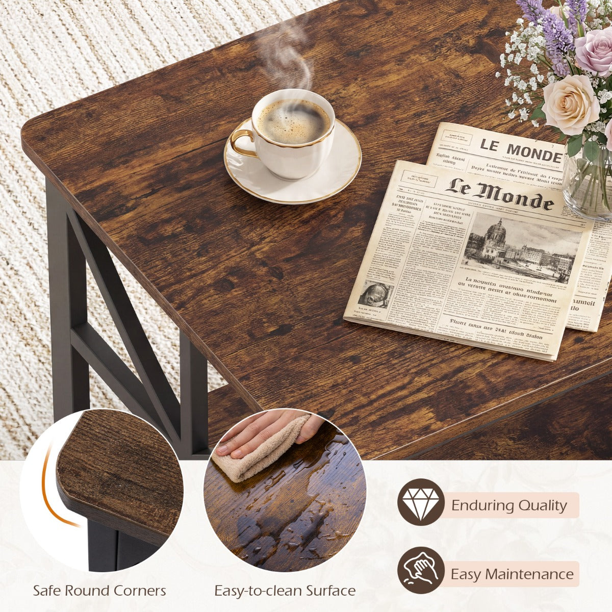 LIVSK Salontafel - Twee Niveaus - Stevig Metalen Frame - Ruime Opbergruimte - Voor Appartementen - Rustiek Bruin