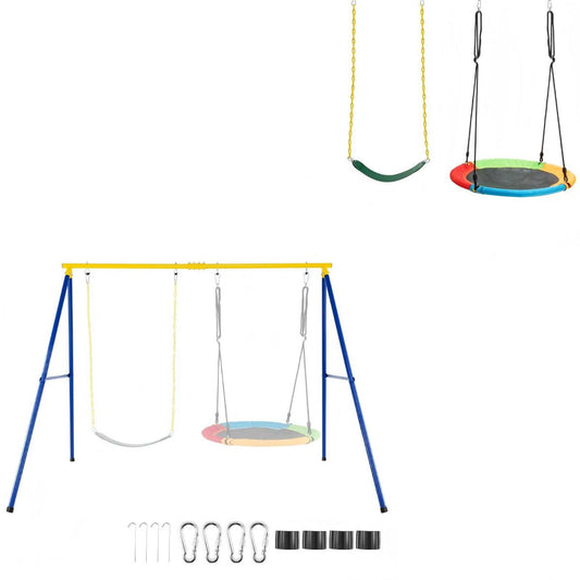 LIVSK Schommelframe met Schommelset - Stabiel A-vormig Ontwerp - Roestbestendig Staal - Hoog Draagvermogen 300 kg - Blauw + Geel