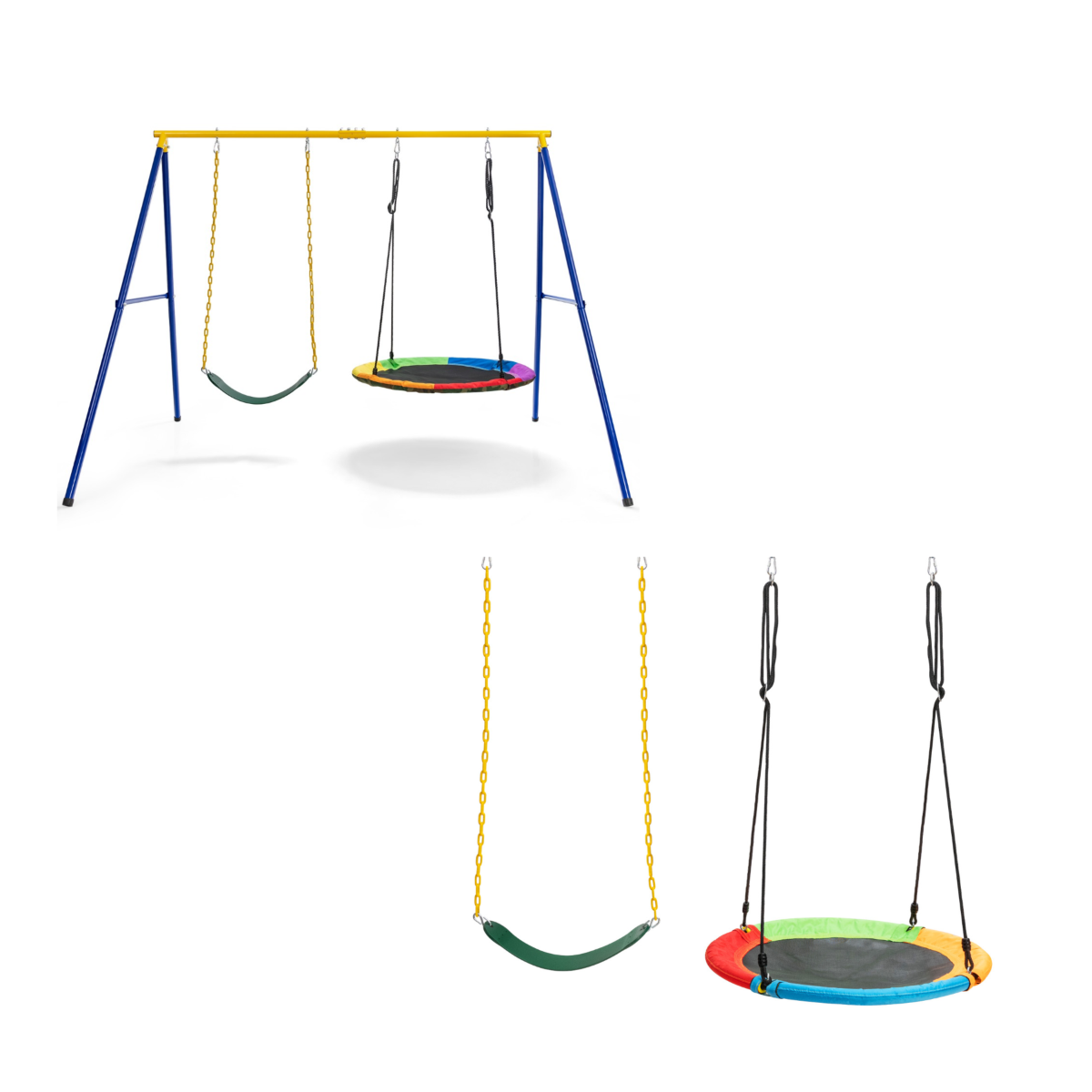 LIVSK Schommelset - 2 Gordelschommels - 2 Schotel Boomschommels - Verstelbare Touwen - Draagvermogen 300 kg - Blauw en Geel