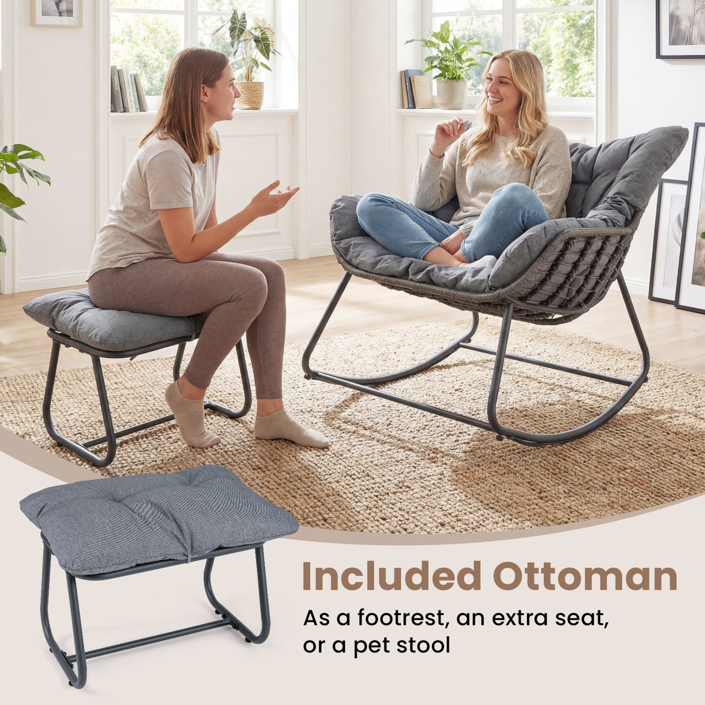 LIVSK Schommelstoel met Voetenbank - Ergonomisch Ontwerp - Afneembare Kussens - Duurzaam PE-rattan - Grijs