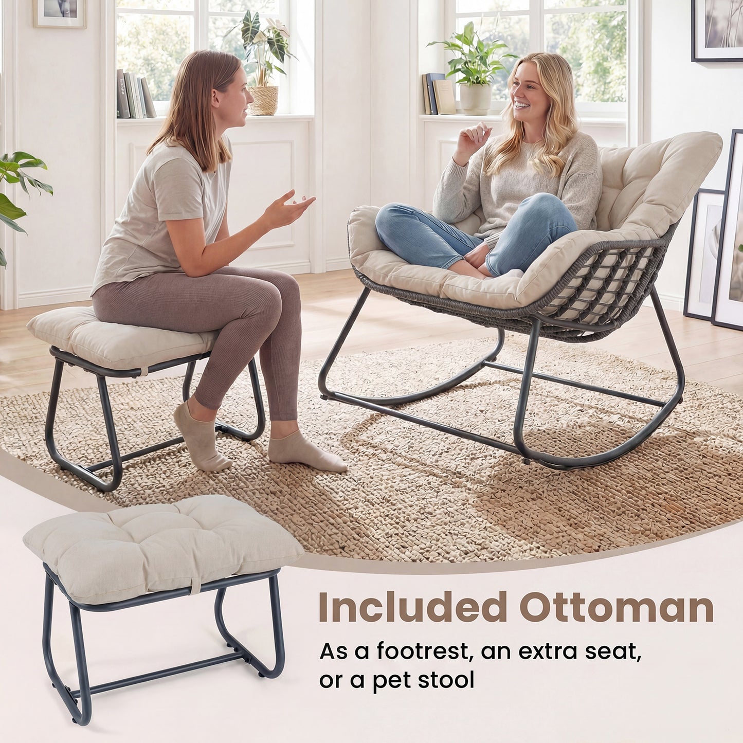 LIVSK Schommelstoel met Voetenbank - Ergonomische Ondersteuning - Afneembare Kussens - Duurzaam Metaal & PE-Rattan -