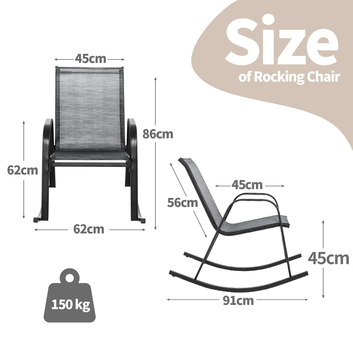 LIVSK Schommelstoelen Set van 2 - Ergonomisch Ontwerp - Stabiel Metaal - Ademend Stoffen Zitting - 91 x 62 x 86 cm - Grijs