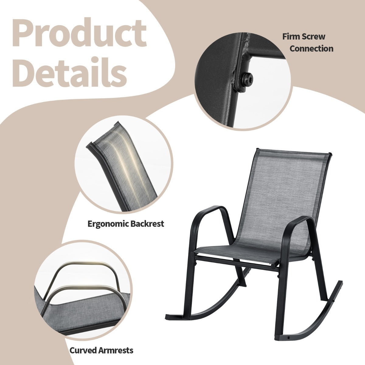 LIVSK Schommelstoelen Set van 2 - Ergonomisch Ontwerp - Stabiel Metaal - Ademend Stoffen Zitting - 91 x 62 x 86 cm - Grijs