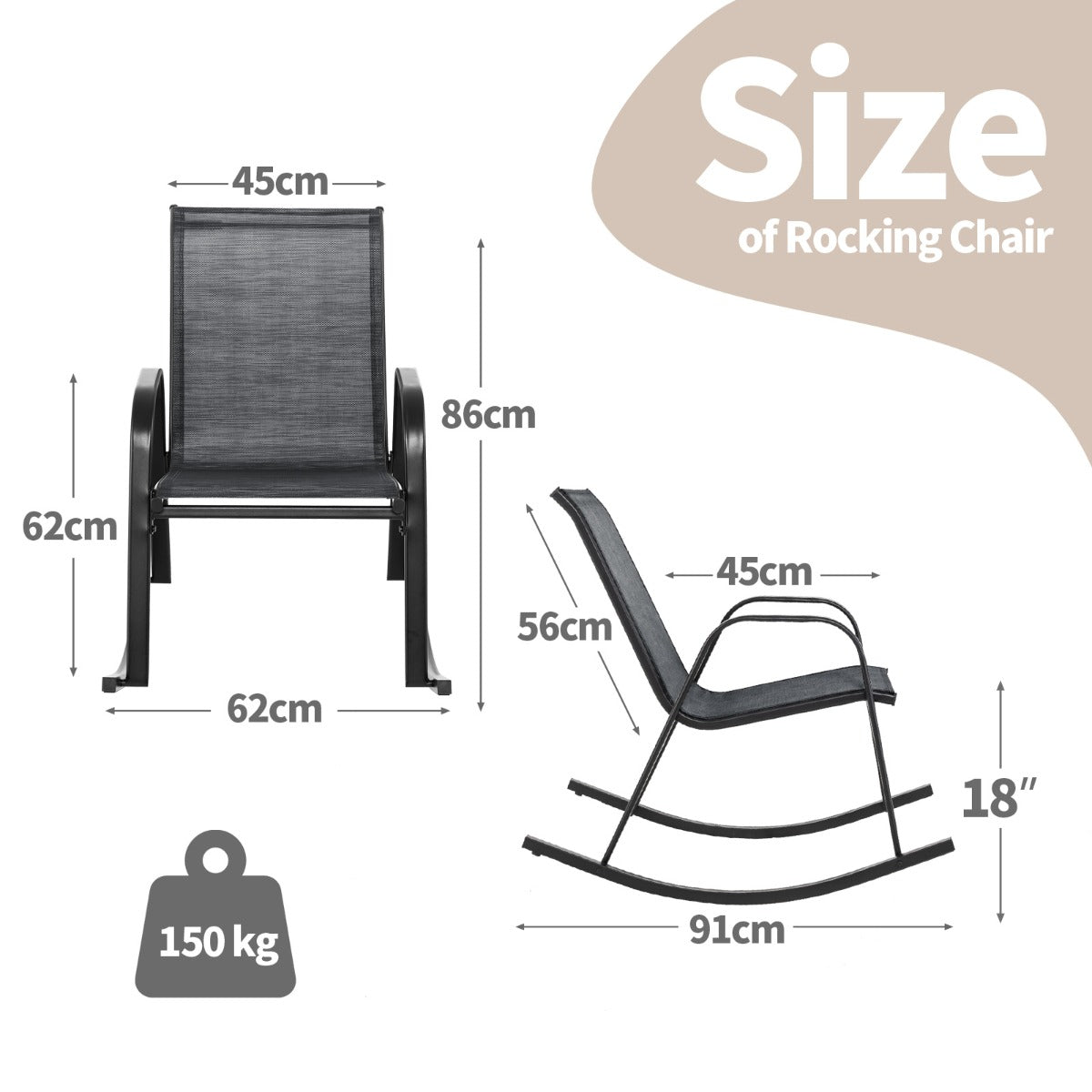 LIVSK Set van 2 Schommelstoelen - Ergonomisch Ontwerp - Robuust Metaal - Ademend Stof - 91 x 62 x 86 cm - Zwart