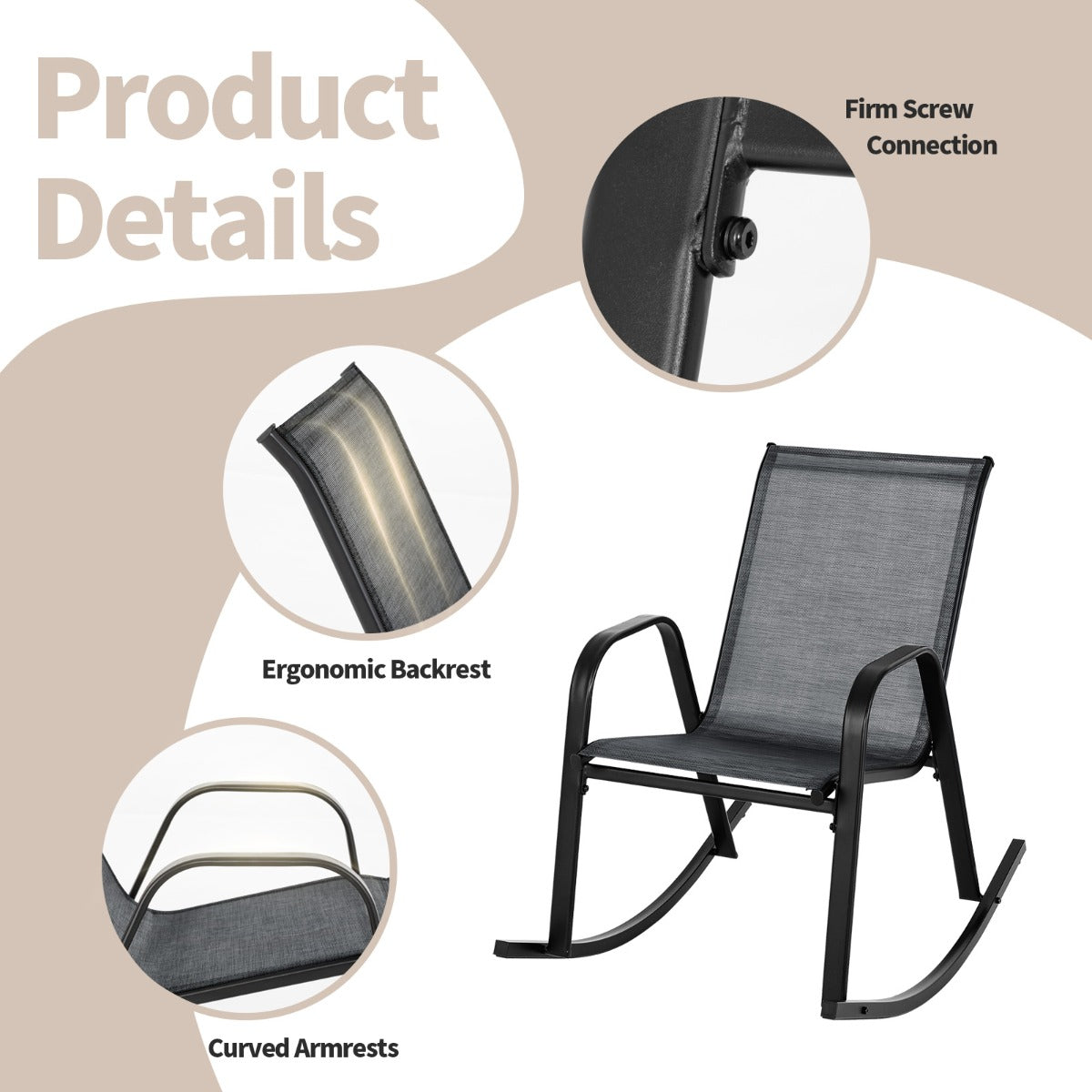 LIVSK Set van 2 Schommelstoelen - Ergonomisch Ontwerp - Robuust Metaal - Ademend Stof - 91 x 62 x 86 cm - Zwart