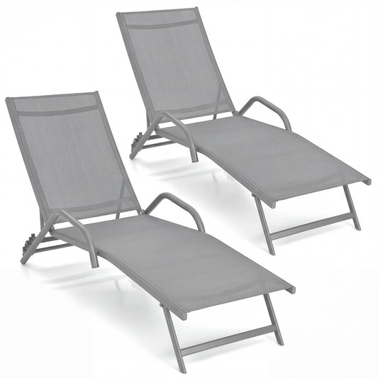 LIVSK Set van 2 Verstelbare Ligstoelen - 5 Posities - Ademend Stof - Stalen Frame - Voor Buiten - Grijs