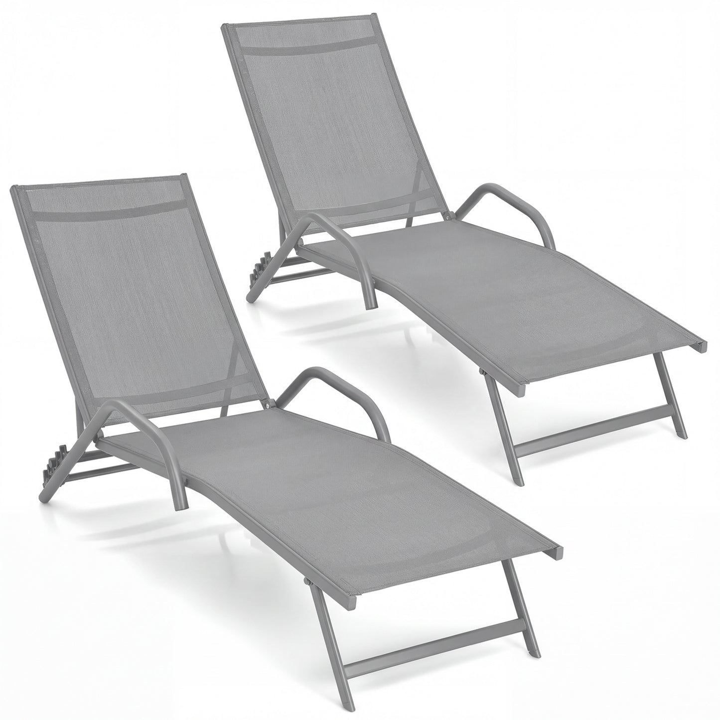 LIVSK Set van 2 Verstelbare Ligstoelen - 5 Posities - Duurzaam Stalen Frame - Sneldrogende Stof - Grijs