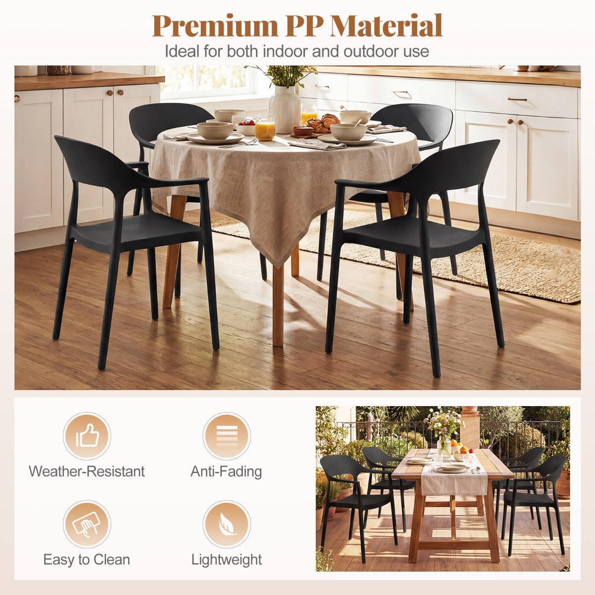 LIVSK Set van 4 Eetkamerstoelen - Weerbestendig PP - Ergonomisch Comfort - Ruimtebesparend Stapelbaar - Zwart/Wit
