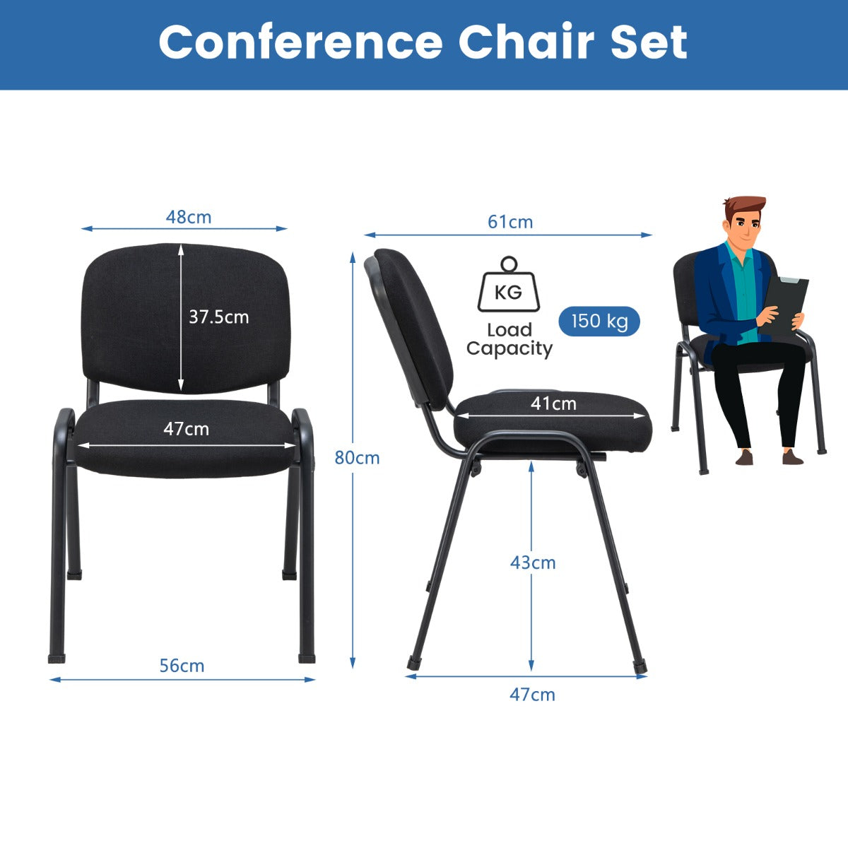 LIVSK Set van 5 Vergaderstoelen - Stevig Metaal - Ergonomische Rugleuning - Stapelbaar - Zwart