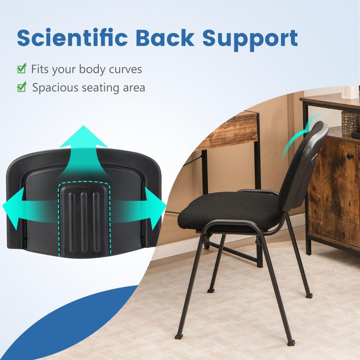LIVSK Set van 5 Vergaderstoelen - Stevig Metaal - Ergonomische Rugleuning - Stapelbaar - Zwart