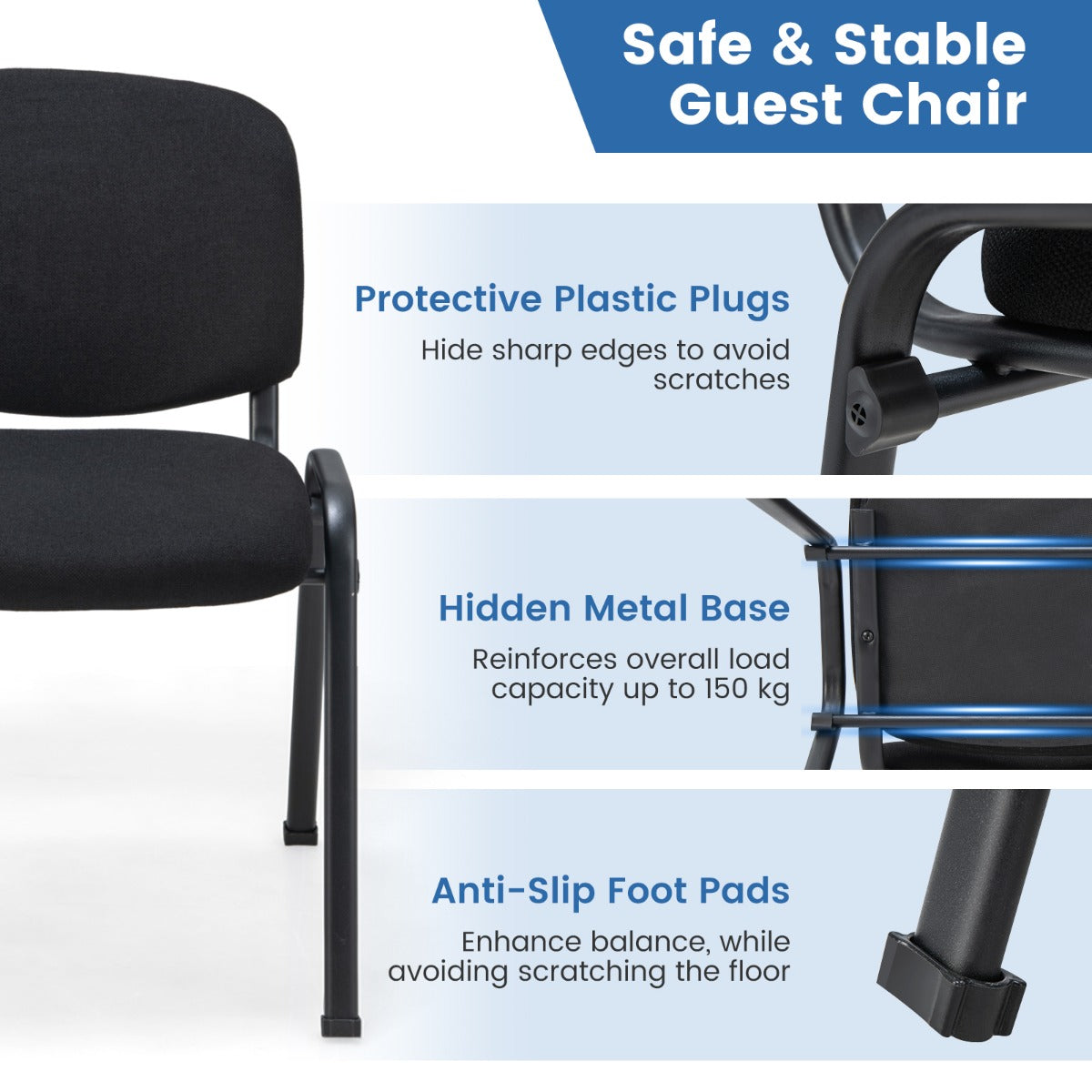 LIVSK Set van 5 Vergaderstoelen - Stevig Metaal - Ergonomische Rugleuning - Stapelbaar - Zwart