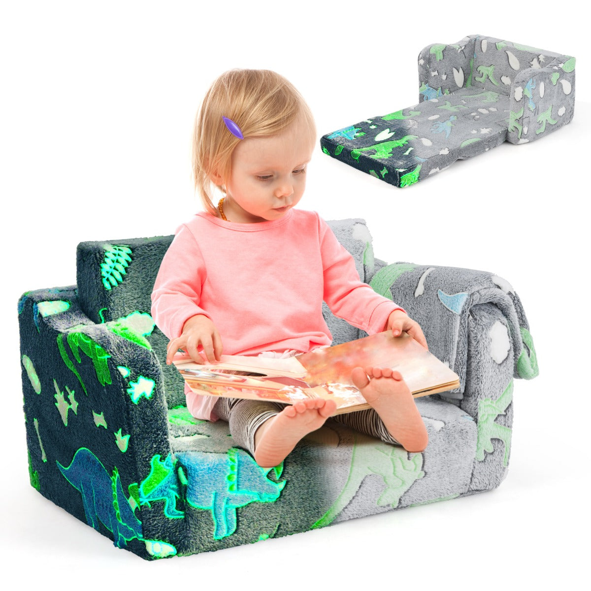 LIVSK Slaapbank met Deken - 2-in-1 Ontwerp - Flanellen Stof - Glow-in-the-Dark - Voor Kinderen - Regenboog/Grijs