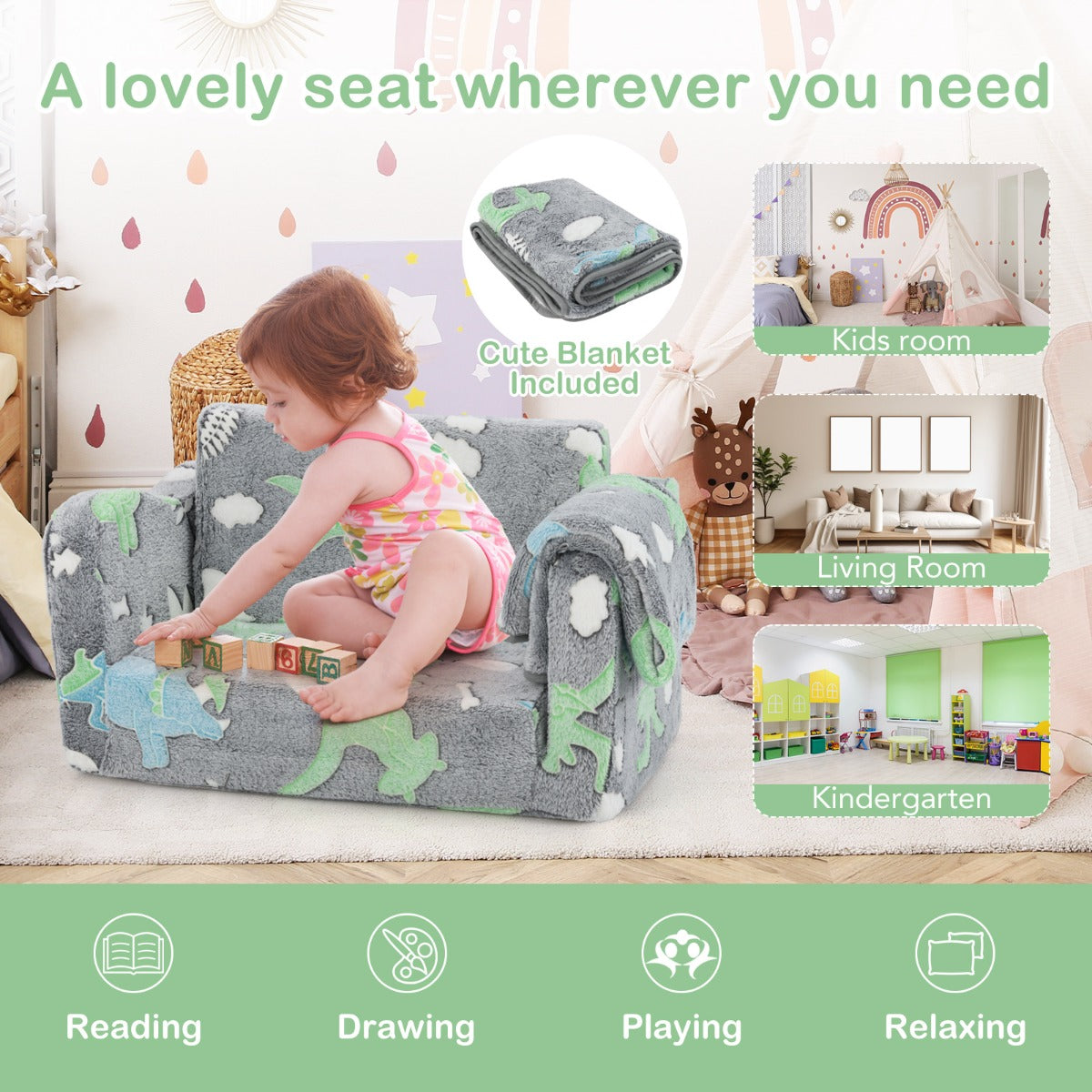 LIVSK Slaapbank met Deken - 2-in-1 Ontwerp - Flanellen Stof - Glow-in-the-Dark - Voor Kinderen - Regenboog/Grijs